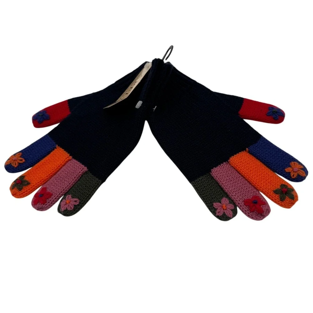 Capelli Navy Knit Womens Gloves Multi Color Floral Embroidered Stretch Cozy NWT